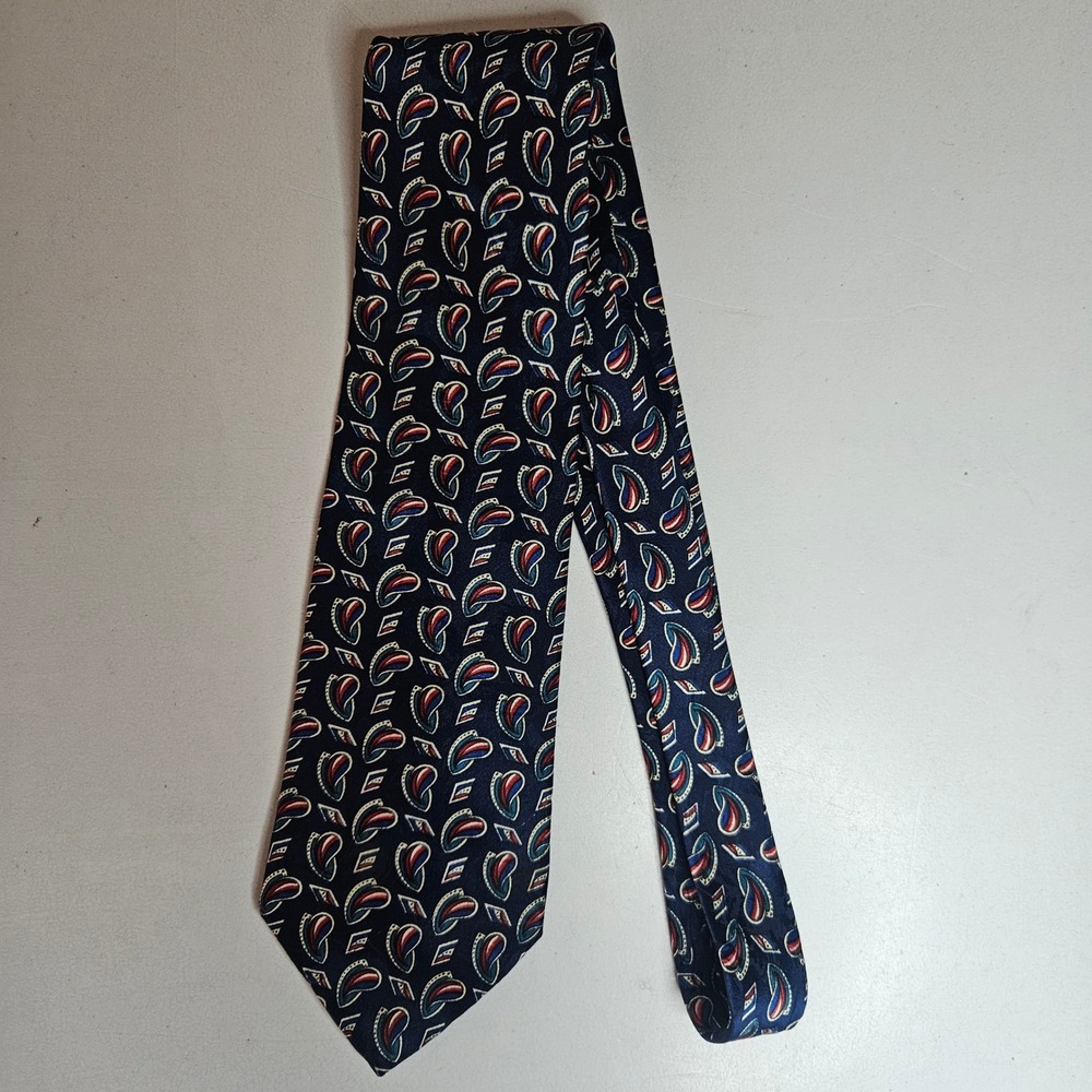 Christian Dior Monsieur Navy Blue Red Abstract Paisley Geometric Vintage Tie USA
